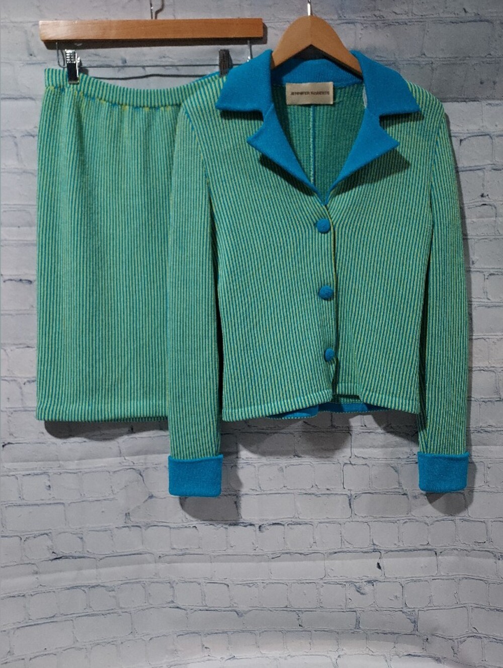 Jennifer Roberts Size 4 Suit Wool Blend Interview Outfit Green Blue Pageant